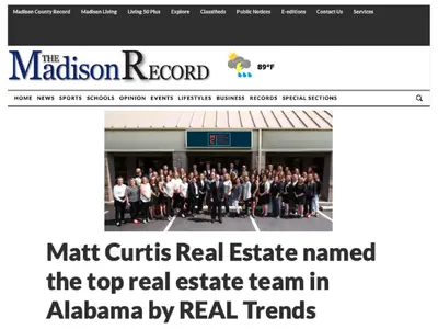 Matt Curtis Real Estate has been named the top real estate team in Alabama by REAL Trends for 2019, closing 1,085 sales and leading as the highest-producing team-owned brokerage in the state. The team is also recognized nationally, ranking among the Top 2